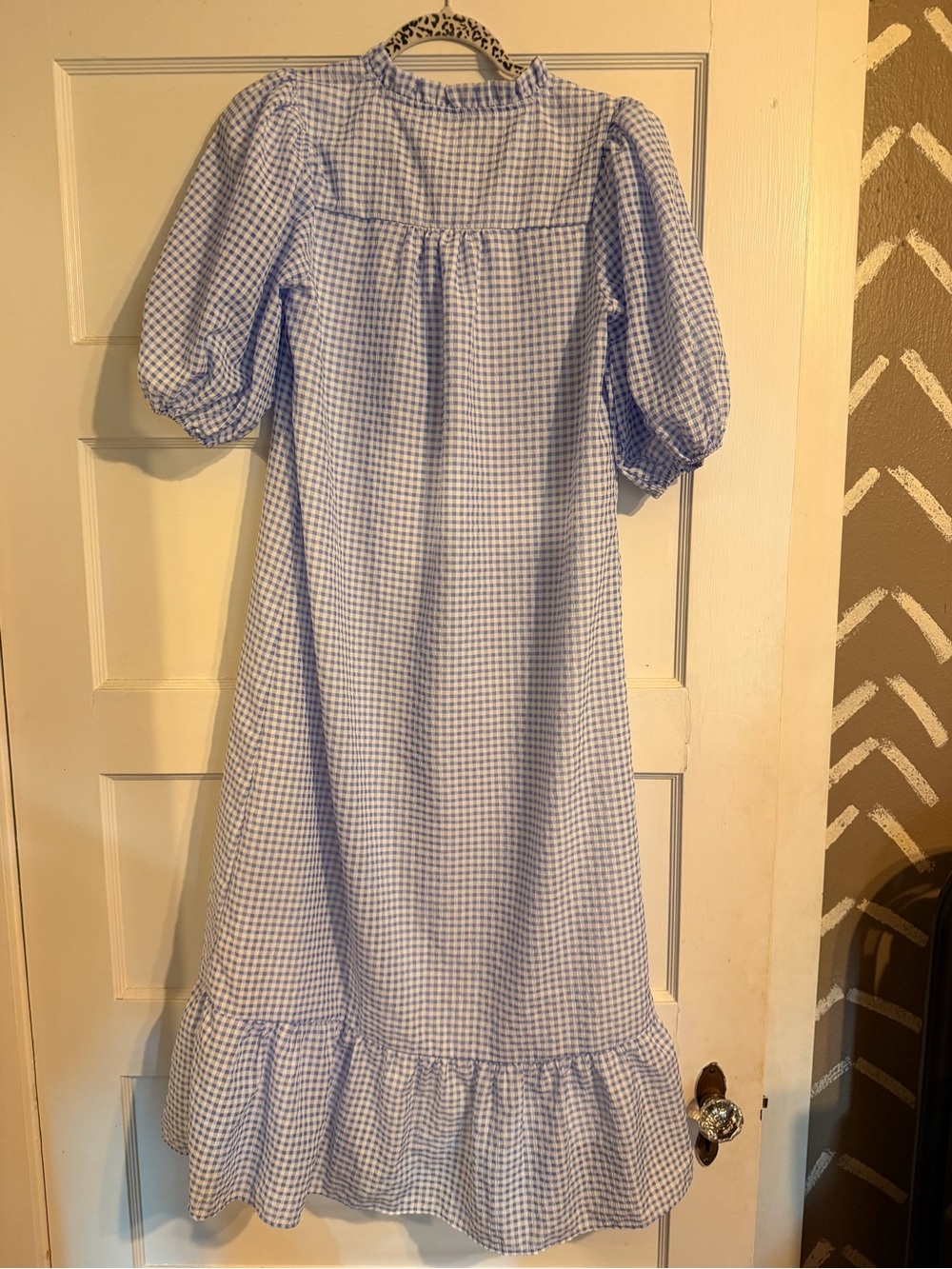 Puff Sleeve Gingham Midi Dress in Light Blue - Picture 3 of 4